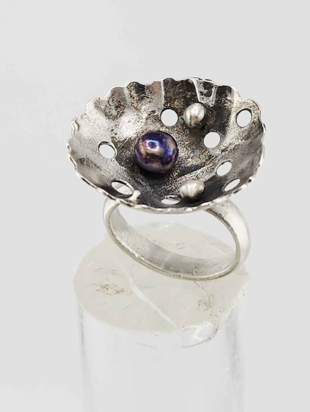 PEARL BRUTALIST RING HANDMADE STERLING SILVER SIZE 7.5